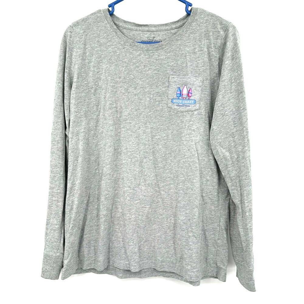 Vineyard Vines Size Medium Shirt Gray Pocket Tee Long Sleeve Buoy Crazy Nautical